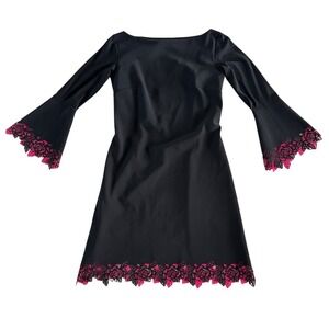 Chiara Boni La Petite Robe Black Dress Rose Floral Trim Bell Sleeve IT 42 US 6